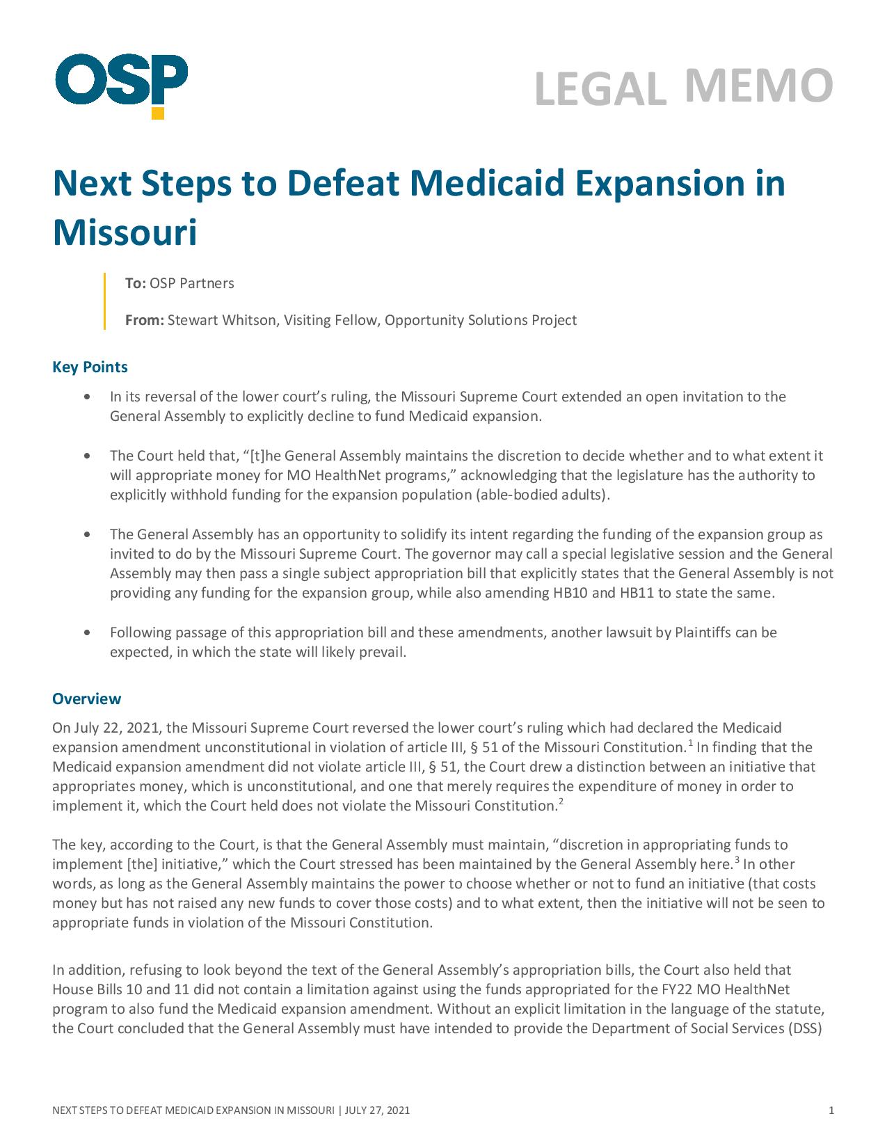Missouri Medicaid Expansion Next Steps